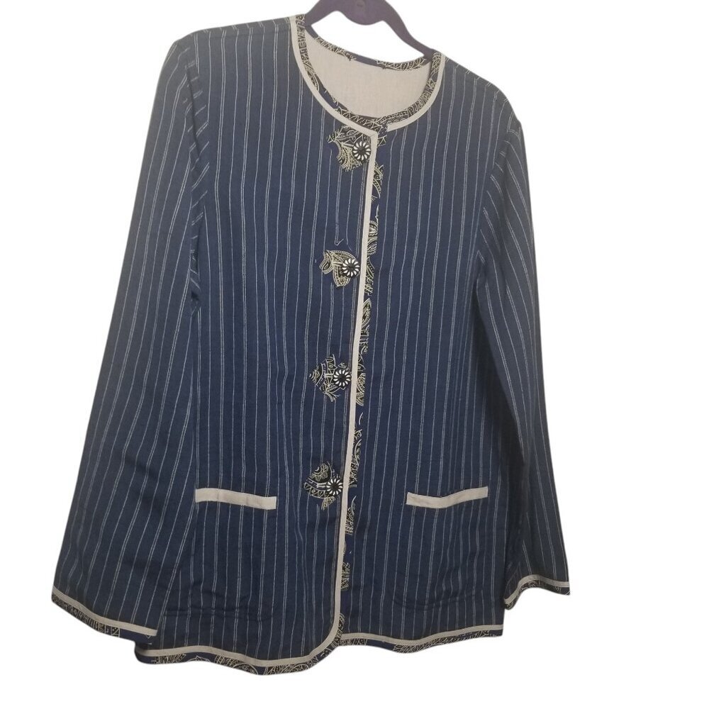 Women's Linen Blend Reversable Blue Stripe Artsy Coastal Blazer Sz M